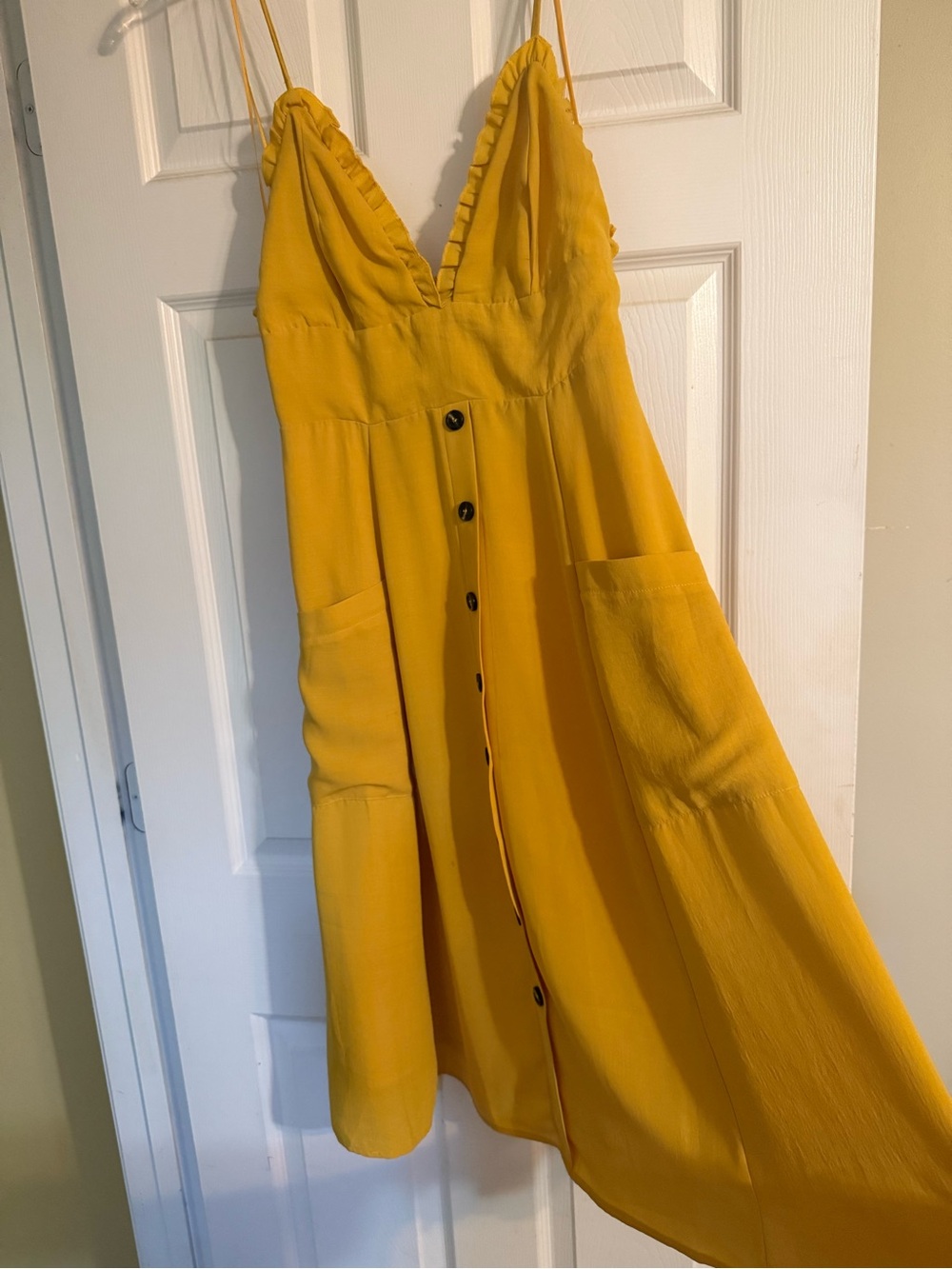 Yellow Spaghetti Strap Button-Front Summer Dress